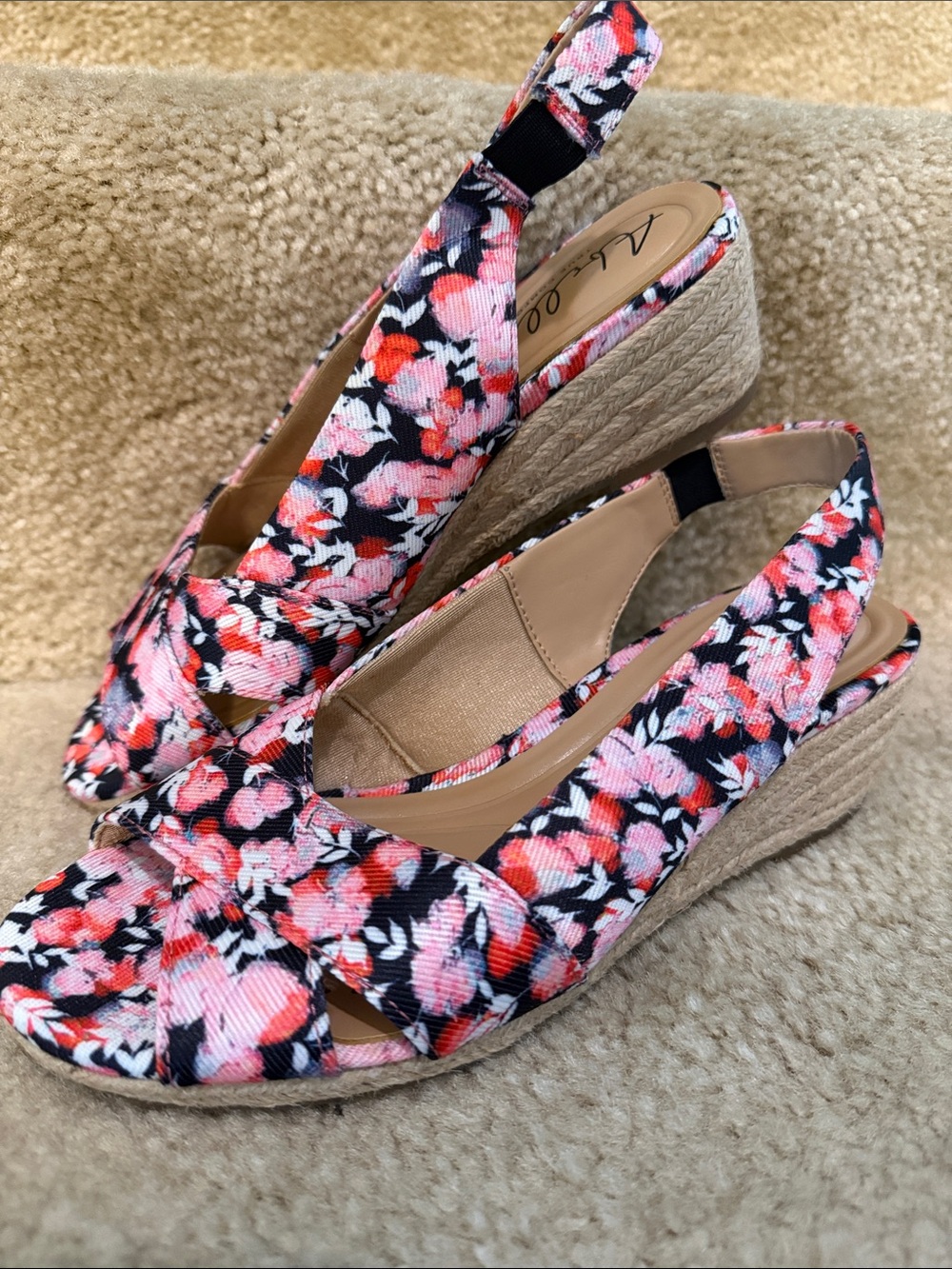 Abella Pink & Black Floral Espadrille Wedge Slingbacks Size 7.5